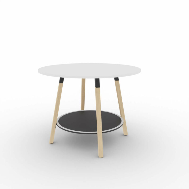Hochtisch-rund-Holzbeine-Tischplatte-weiss-Metallteile-schwarz