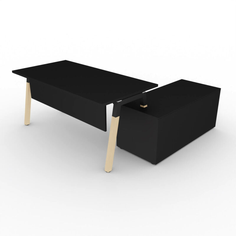 Schreibtisch-mit-Sideboard-Polare-Tischplatte-und-Sideboard-schwarz-mit-Knieraumblende