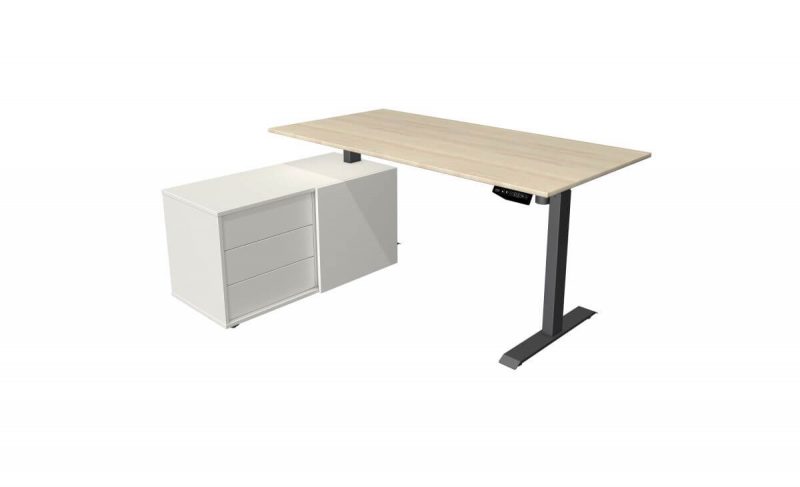 Schreibtisch-mit-Sideboard-UpDown-elektrisch-hoehenverstellbar-Tischplatte-Ahorn-Gestell-anthrazit