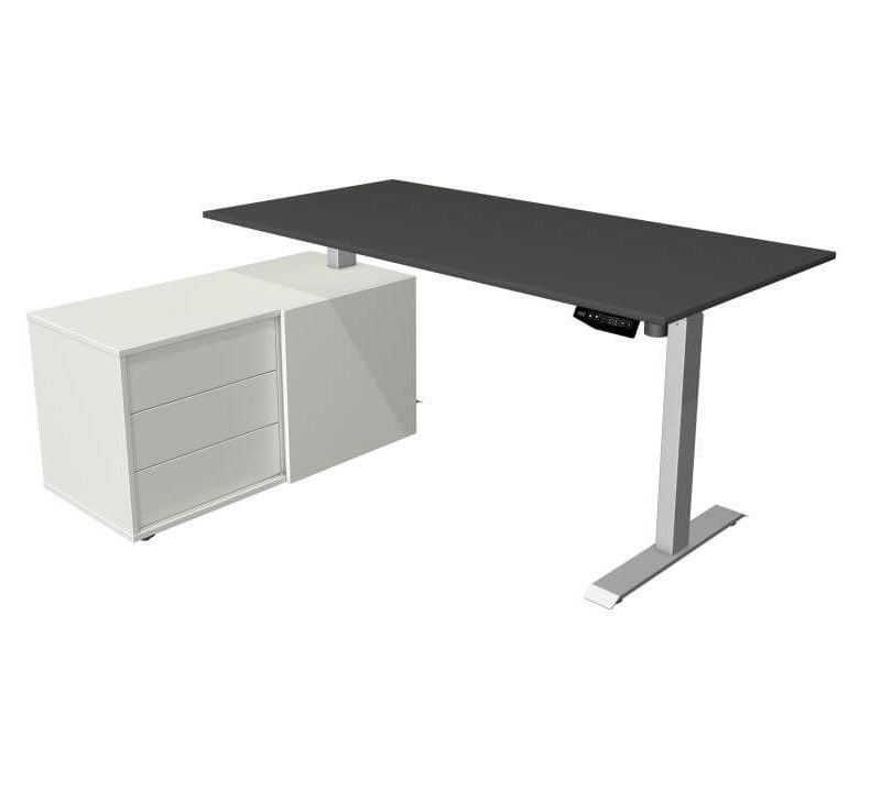 Schreibtisch-mit-Sideboard-UpDown-elektrisch-hoehenverstellbar-Tischplatte-anthrazit-Gestell-silber
