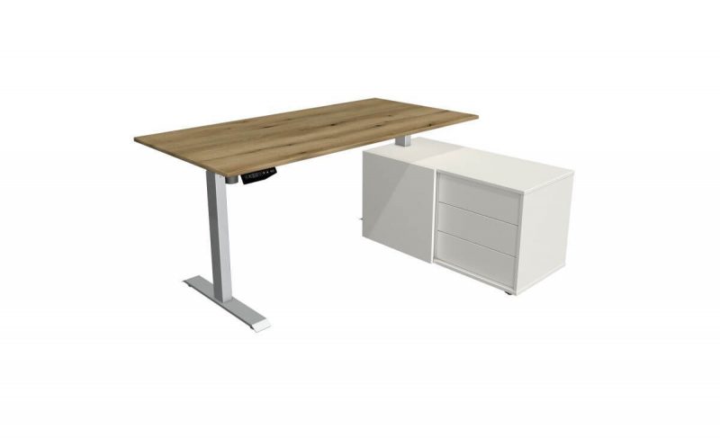 Schreibtisch-mit-Sideboard-UpDown-elektrisch-hoehenverstellbar-Tischplatte-eiche-Gestell-silber