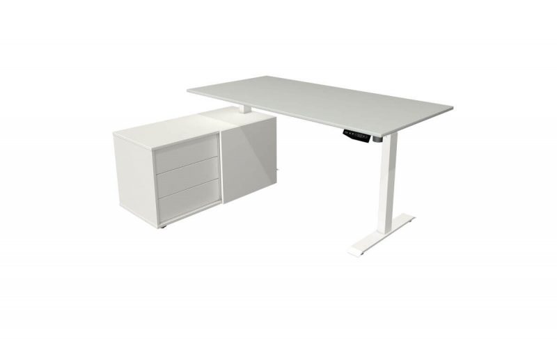 Schreibtisch-mit-Sideboard-UpDown-elektrisch-hoehenverstellbar-Tischplatte-lichtgrau-Gestell-weiss