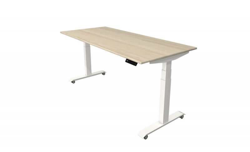 Schreibtisch-elektrisch-hoehenverstellbar-auf-Rollen-Tischplatte-Ahorn-Gestell-Weiss