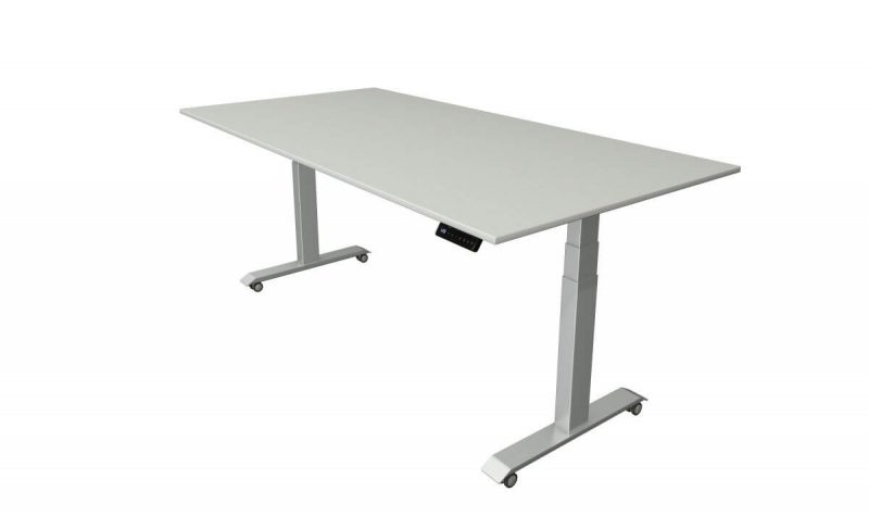 Schreibtisch-elektrisch-hoehenverstellbar-auf-Rollen-Tischplatte-lichtgrau-Gestell-Silber