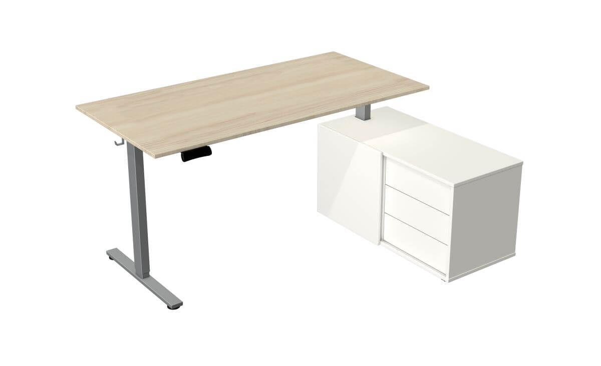 Steh-Sitztisch UPDOWN new base mit Sideboard_Ahorn